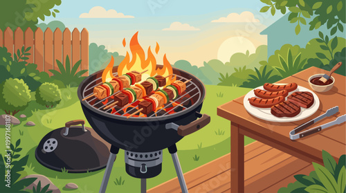 A vibrant cartoon illustration of a backyard barbecue scene at sunset, featuring a grill with cooking skewers and sausages, steaks on a plate, and a wooden fence.