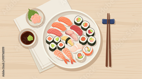 A vibrant, flat illustration showcases a white plate filled with various sushi and rolls, served with pickled ginger, wasabi, and soy sauce on a light wooden background.
