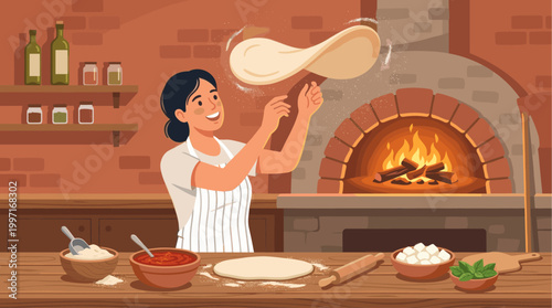 A cheerful woman in an apron tosses pizza dough in the air while preparing to cook in a rustic wood-fired oven, surrounded by ingredients.