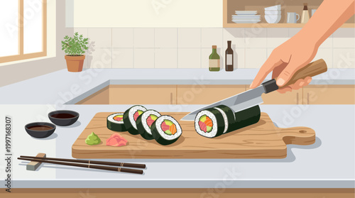 A hand skillfully slices a sushi roll on a wooden cutting board in a modern kitchen setting with soy sauce and chopsticks nearby.