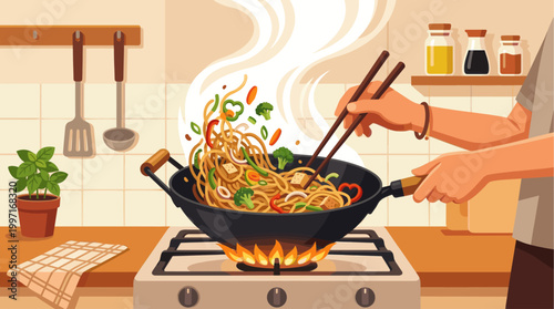 A person's hands use chopsticks to toss noodles and vegetables in a hot wok over a gas stove, with steam rising.