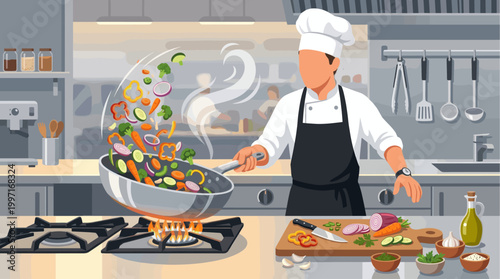 A chef in uniform skillfully cooks fresh vegetables, tossing them in a wok over a gas stove in a modern kitchen environment.