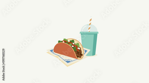 A minimalist flat illustration of a taco with lettuce, onion, and salsa, served with a refreshing mint green drink in a to-go cup with a straw, on a light background.