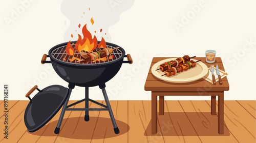A flat illustration depicts a charcoal grill with food cooking over flames, next to a table set with skewers, a drink, and cutlery.