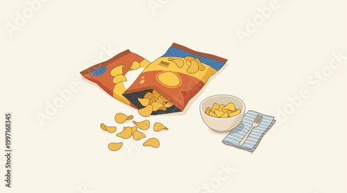 A playful illustration of two open bags of potato chips spilling their contents onto a light cream background, with a bowl filled with chips and a fork on a striped napkin.