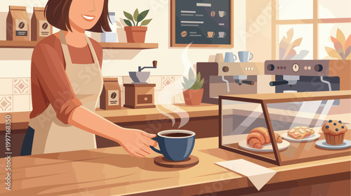 A friendly barista hands a steaming cup of coffee across a warm wooden counter in a cozy cafe, with pastries in a display case.
