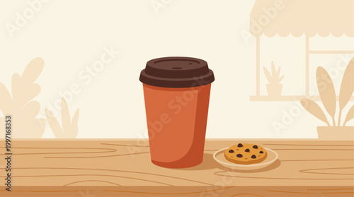 A stylized illustration features a takeaway coffee cup and a chocolate chip cookie on a wooden table, with subtle background elements of plants and window.