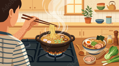 A person cooks a steaming pot of ramen in a cozy kitchen, with a finished bowl of ramen ready nearby, depicting delicious home cooking.