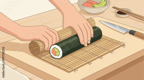 A close-up illustration shows hands carefully rolling a sushi roll on a bamboo mat with fresh salmon and avocado ingredients nearby.