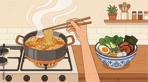 A hand uses chopsticks to lift noodles from a steaming pot on a stove, with a finished bowl of ramen nearby in a cozy kitchen.