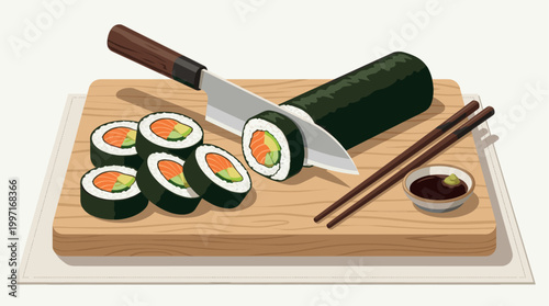 A stylish illustration shows a sushi roll being cut with a sharp knife on a wooden cutting board, served with chopsticks and soy sauce.