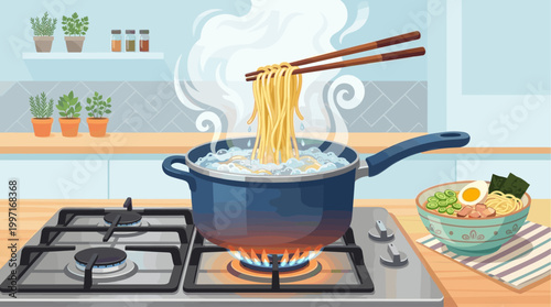 A cooking scene of ramen noodles being lifted from a boiling pot by chopsticks, with a finished bowl of ramen nearby.