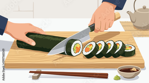 A person's hands are shown slicing a large sushi roll into pieces on a wooden cutting board, with a teapot and chopsticks in the background.