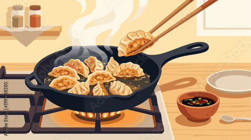 Delicious dumplings sizzling in a pan on a gas stove with steam rising, being picked up by chopsticks, served with soy sauce.