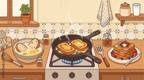 A cheerful, illustrated scene depicts ingredients and preparation for making delicious French toast in a cozy kitchen, perfect for food blogs and recipe sites.