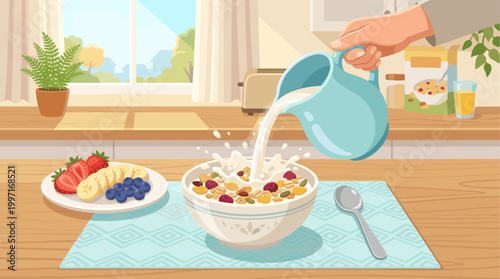 A hand pours milk into a bowl of cereal next to a plate of fresh fruit, in a brightly lit kitchen with a window view.