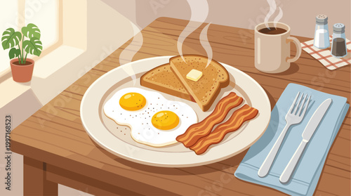 A delicious illustration of a hearty breakfast with fried eggs, crispy bacon, and toast, ready to be enjoyed on a rustic wooden table next to a steaming coffee cup and a plant.