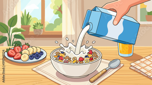 A hand pours milk from a carton into a bowl of cereal, with fruit and a glass of juice on a wooden table, suggesting a healthy breakfast.
