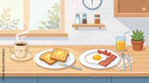 A bright cartoon illustration of a breakfast spread featuring coffee, toast, eggs, bacon, and orange juice on a kitchen counter.