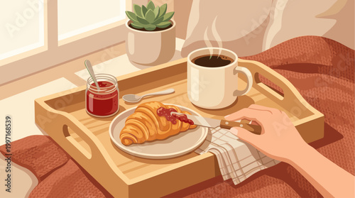A cozy still life illustration shows a hand spreading jam on a croissant with a knife, next to a coffee mug and jam jar on a tray.