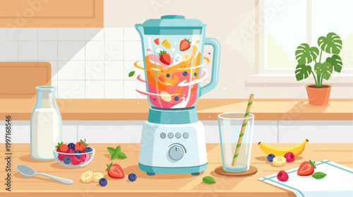 A vibrant illustration of a blender filled with colorful fruits like strawberries, blueberries, and mangoes, being mixed with milk, on a kitchen counter next to fresh ingredients.