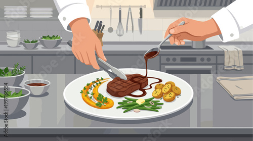 A close-up illustration shows a chef's hands expertly plating a gourmet steak dinner with roasted potatoes, green beans, and a rich sauce.