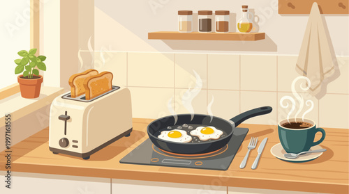 A cozy kitchen scene with fried eggs and toast cooking, featuring a steaming cup of coffee and fresh basil plant, ideal for food and lifestyle content.