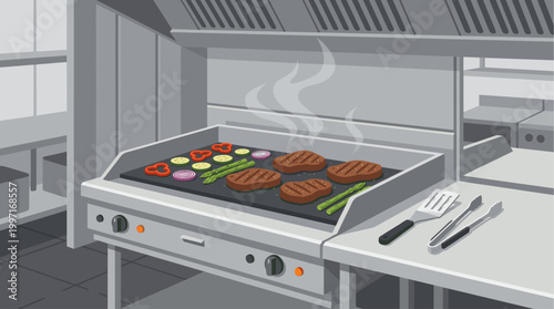 A flat top grill in a commercial kitchen is cooking steaks, asparagus, and sliced vegetables like onions, zucchini, and bell peppers, with steam rising.