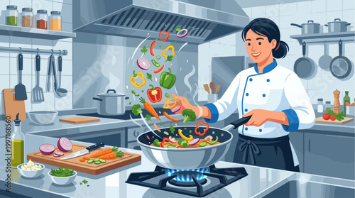 A smiling female chef in a white uniform is stir-frying colorful vegetables in a wok in a modern kitchen, showcasing healthy cooking and culinary skill.