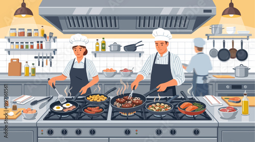 Professional chefs prepare various dishes including meat, fish, and vegetables in a busy restaurant kitchen.