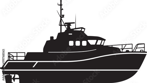 Black boat silhouette, vector yacht icon, nautical vessel illustration, sailing ship graphic