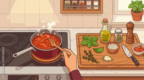 A hand stirs bubbling tomato sauce in a pot on a stove, with fresh ingredients like basil, garlic, and tomatoes arranged on a wooden cutting board.