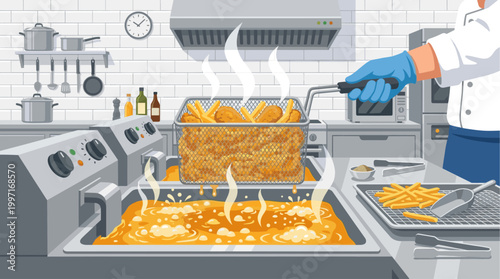 A chef in a white uniform and blue gloves lifts a basket of golden fried chicken and french fries from a bubbling deep fryer in a clean, modern commercial kitchen.