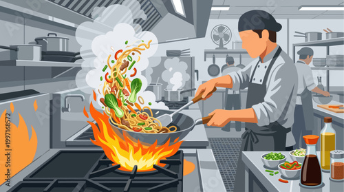 A chef in a commercial kitchen expertly tosses food in a wok over intense flames, with various ingredients and condiments visible on the counter.