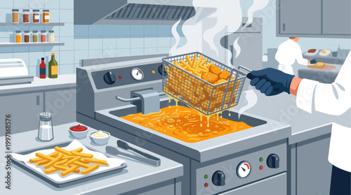 A chef in a commercial kitchen uses a deep fryer to cook french fries and chicken nuggets, with steam rising from the bubbling oil.