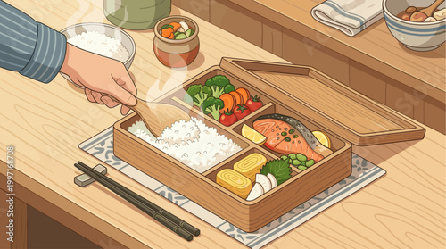 A person is filling a bento box with rice and arranging a meal of salmon, vegetables, and tamagoyaki for a healthy lunch.