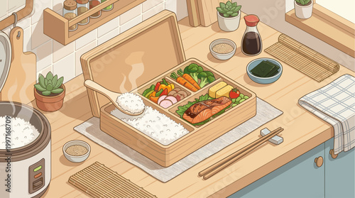 A charming isometric illustration depicts a wooden bento box filled with a salmon entree, rice, vegetables, and tamagoyaki, ready for a delicious meal.