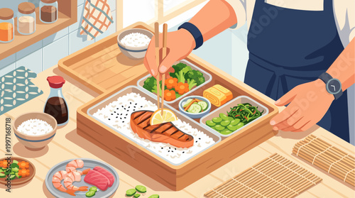 A person carefully arranges a bento box filled with delicious food, including grilled salmon, rice, vegetables, and sushi, showcasing healthy and balanced meal preparation.