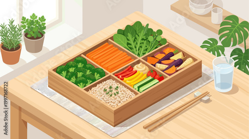 A visually appealing bento box filled with a variety of fresh, colorful vegetables and brown rice, alongside a glass of water and chopsticks, perfect for healthy eating concepts.
