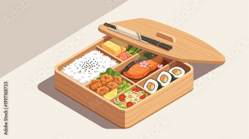 A visually appealing and appetizing illustration of a wooden bento box filled with a variety of Japanese foods, including rice, salmon, sushi, and fried chicken, perfect for a healthy meal.