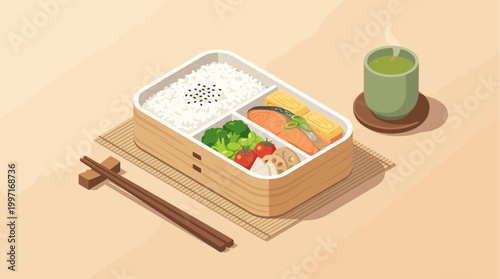 A delicious and healthy Japanese bento box lunch with salmon, rice, broccoli, and tamagoyaki, served with a steaming cup of matcha tea and chopsticks on a mat.