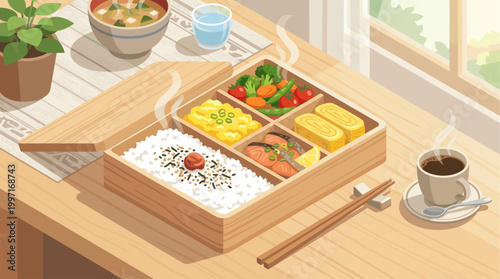 A delicious Japanese bento box lunch with rice, salmon, tamagoyaki, vegetables, and soup, served with coffee on a wooden table.