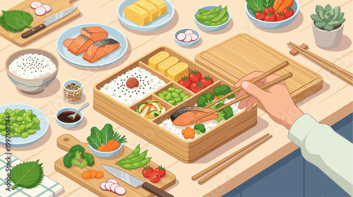 A hands-on illustration of a delicious and healthy bento box meal being assembled with fresh ingredients like salmon, rice, and vegetables in a bright, clean setting.