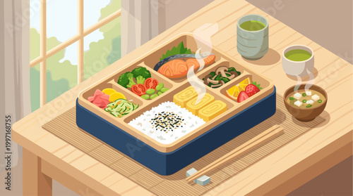 An appetizing Japanese bento box filled with fresh ingredients like salmon, rice, vegetables, and egg rolls sits on a wooden table next to miso soup and green tea.