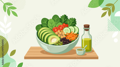 A vibrant and colorful illustration of a healthy salad bowl filled with fresh vegetables and legumes, next to a bottle of olive oil.