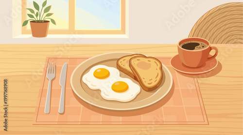 A delicious breakfast spread features fried eggs and toast on a plate, accompanied by a cup of coffee and a potted plant by the window.