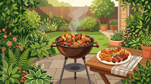 A vibrant illustration of a backyard scene with a charcoal grill cooking skewers and chicken legs, accompanied by a table laden with grilled vegetables and meat.