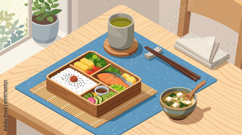 A flat lay illustration of a delicious Japanese bento box lunch, complete with rice, salmon, vegetables, and egg rolls, served with miso soup and green tea.