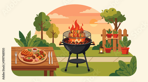 A cheerful flat illustration of a backyard barbecue scene at sunset with grilled food on a table and skewers cooking on a grill.
