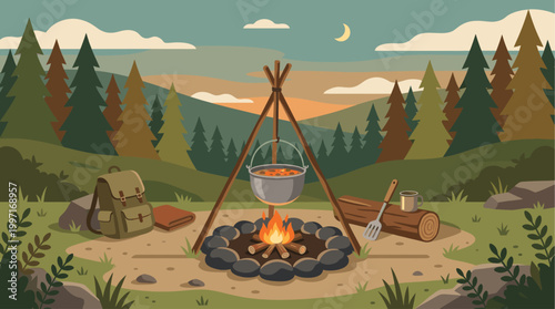 A serene illustration of a campfire with a pot of food cooking over it, set in a forest landscape with a backpack and a mug on a log.